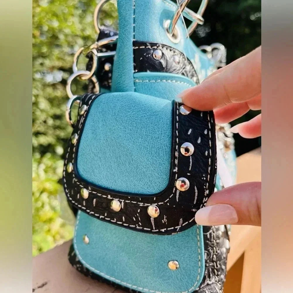 Turquoise Rhinestone Skull Concealed Carry Handbag and Wallet Set Handmade NWT - Picture 7 of 14